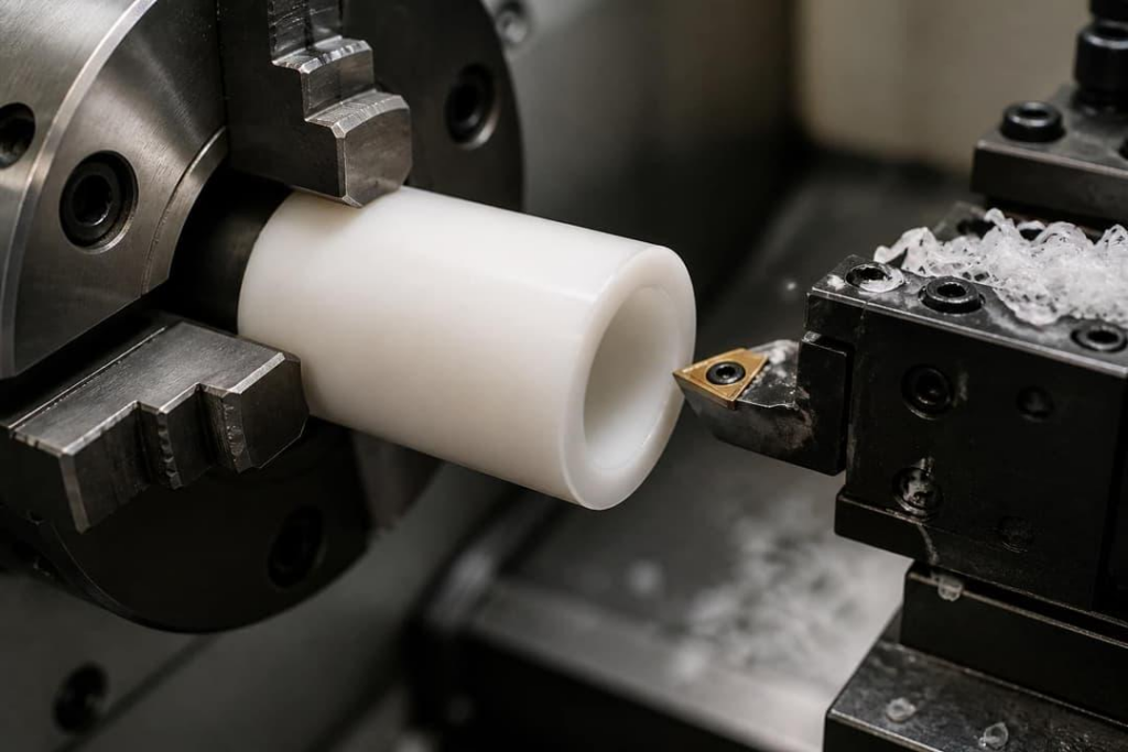 CNC machining of engineering plastic rod for a precision industrial component